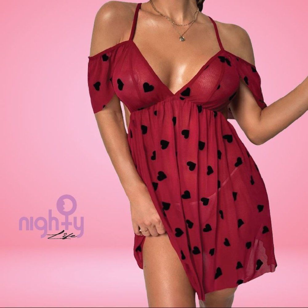 Heart Print Ruffle Mesh Slip Lingerie